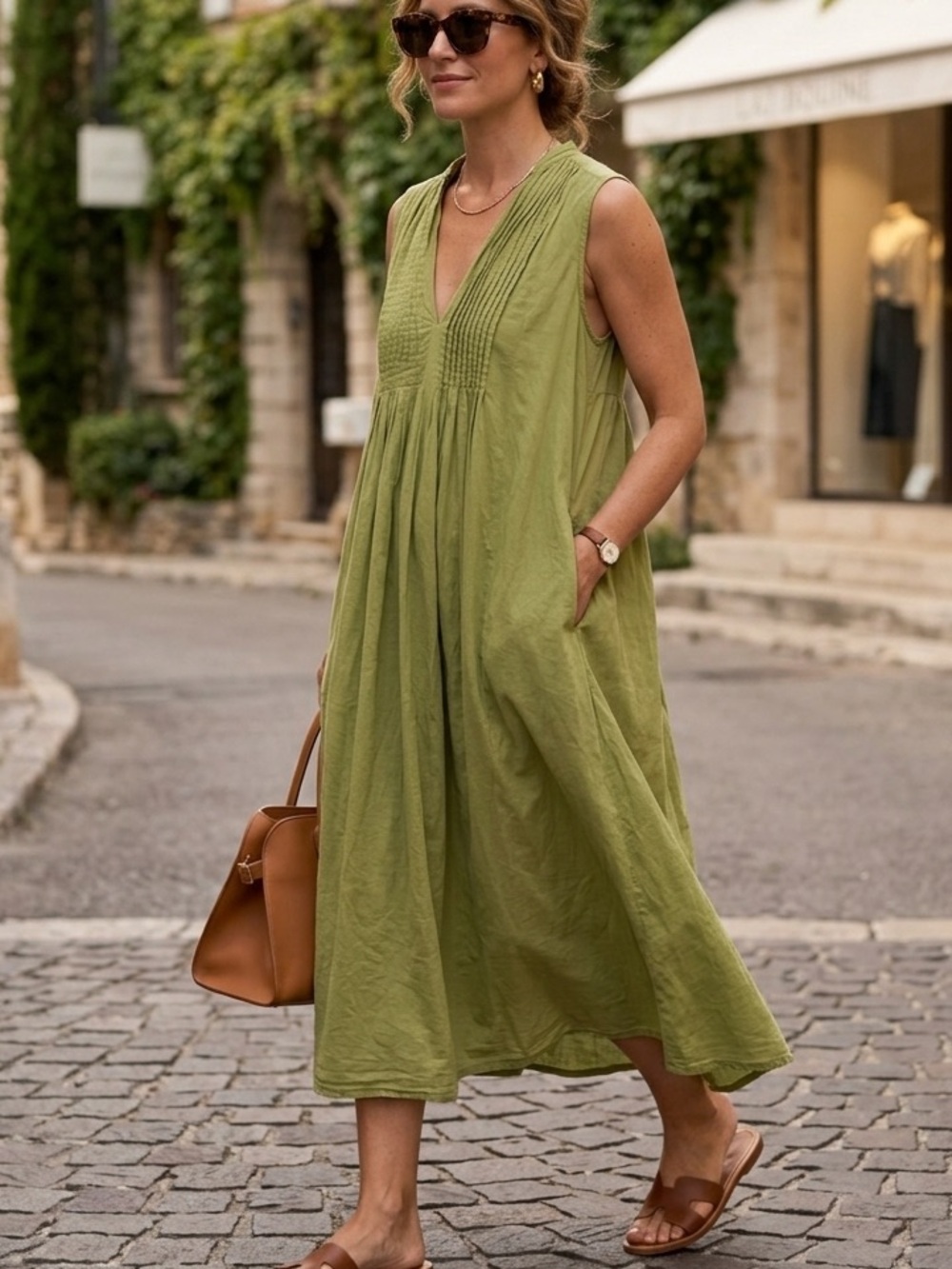 BECASA Martini Olive 100% Cotton Gauze Pleated Boho Resort Dress OS